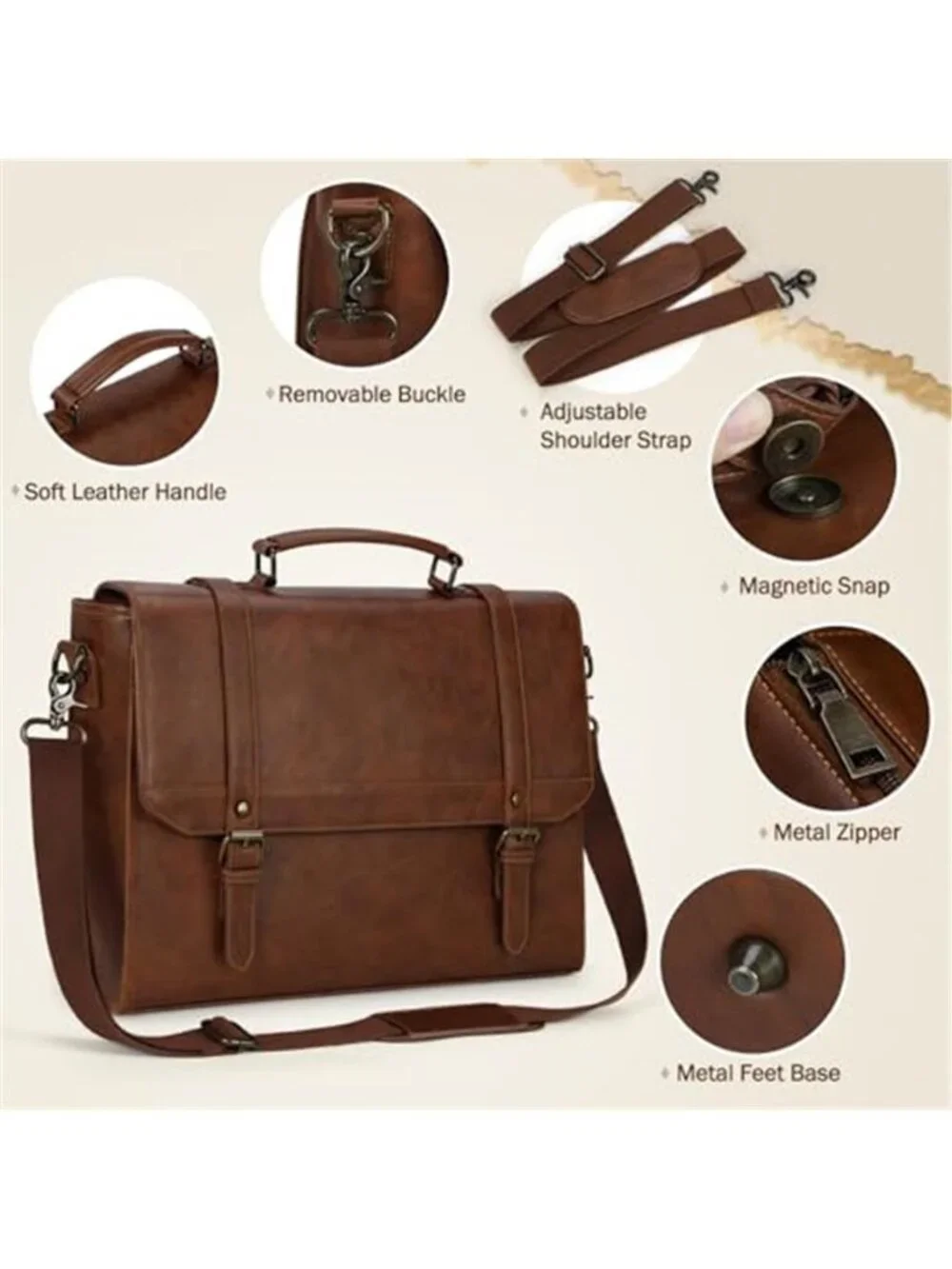Men's Messenger Bag 15.6 inch Vintage Leather Waterproof Laptop Briefcase